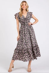 Mittoshop Flower Print Ruffle Cap Sleeve V-neck Midi Dress BLACK OutfitFlow