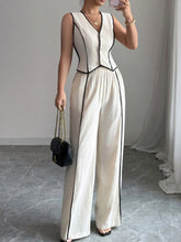 Contrast Trim V-Neck Vest and Pants Set Apricot OutfitFlow