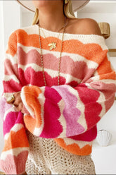 Contrast Boat Neck Long Sleeve Sweater Red OutfitFlow