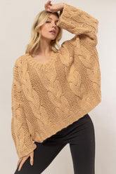 HYFVE Cable Knit V-Neck Sweater Taupe OutfitFlow