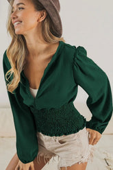 BiBi Smoking Waist Band and Puff Sleeves Deep V Neck Top HUNTER OutfitFlow