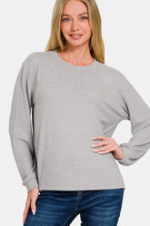 Zenana Hacci Round Neck Long Sleeve T-Shirt Light Gray OutfitFlow