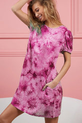 BiBi Puff Sleeve With Side Pockets Tie Dye Dress FUCHSIA OutfitFlow