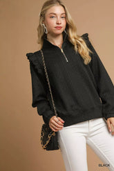 Umgee Cable Knit Textured Pullover with Ruffle Shoulders Black OutfitFlow