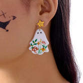 Whimsical Ghost Earrings with Floral Design White One Size OutfitFlow