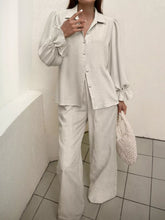 Ruffle Sleeve Shirt and Pants Set Beige OutfitFlow