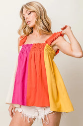 BiBi Frill Shoulder Strap Color Block Bodice Top FUCHSIA CORAL BANANA OutfitFlow
