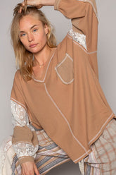 POL V-Neck Lace Balloon Sleeve Exposed Seam Top Coffee OutfitFlow
