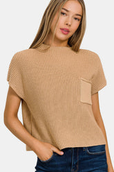 Zenana Mock Neck Short Sleeve Cropped Sweater Brush OutfitFlow