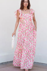 Floral Print Square Neck Ruffled Cap Sleeve Maxi Dress Blush Pink OutfitFlow