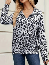 Full Size Leopard Collared Neck Zip Up Jacket Black White OutfitFlow