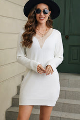 V-Neck Long Sleeve Mini Sweater Dress White OutfitFlow