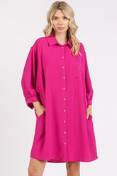 Mittoshop Airflow 3/4 Sleeve Buttoned Shirt Mini Dress Hot Pink OutfitFlow