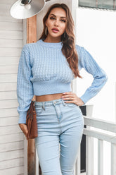 Round Neck Long Sleeve Cropped Sweater Misty Blue OutfitFlow