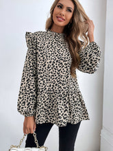 Ruffled Leopard Mock Neck Long Sleeve Blouse Leopard OutfitFlow
