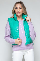 Snobbish Zip Up Turtleneck Shiny Quilted Vest Green OutfitFlow