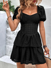 Layered Eyelet Short Sleeve Mini Dress Black OutfitFlow