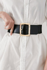 Rectangle Buckle Elastic Wide Belt Black One Size OutfitFlow