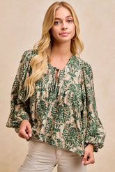 BiBi Printed Woven Front Tied Blouse with Baloon Sleeve TAN OLIVE OutfitFlow