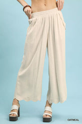 Umgee Linen Blend Scallop Hem Wide Leg Pants OATMEAL OutfitFlow
