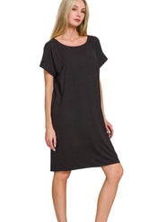 Zenana Rolled Short Sleeve Round Neck Dress BLACK OutfitFlow