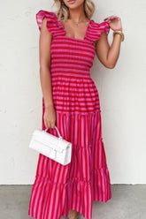 Stripe Flutter Sleeve Smocked Bodice Tiered Maxi Dress Deep Rose OutfitFlow