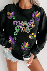 MARDI GRAS Sequin Round Neck Sweatshirt Black OutfitFlow