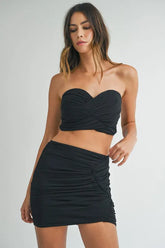 MABLE Ruched Tube Crop Top and Skirt Set Black OutfitFlow