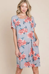 BOMBOM Floral Round Neck Short Tee Dress with Pockets Grey OutfitFlow