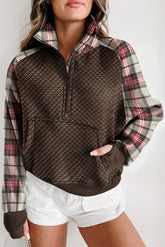 Plaid Half Zip Long Sleeve Sweatshirt Chocolate OutfitFlow