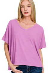 Zenana Ribbed V-Neck Short-Sleeve Knit Top BRIGHT MAUVE OutfitFlow
