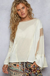 POL Contrast Round Neck Long Sleeve T-Shirt Cream OutfitFlow