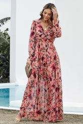 Floral Frill Trim Flounce Sleeve Plunge Maxi Dress Floral OutfitFlow