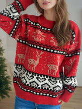 Christmas Element Round Neck Long Sleeve Sweater Deep Red One Size OutfitFlow