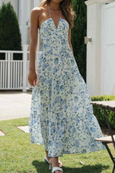 Printed Halter Neck Cami Dress Light Blue OutfitFlow