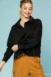 Umgee Collared Neck Long Sleeve Top with Raw Hem Detail Black OutfitFlow