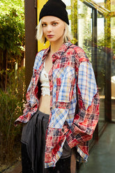 POL Plaid Patchwork Long Sleeve Shirt with Raw Edge Detail Scarlet OutfitFlow