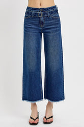 RISEN Raw Hem Wide Leg Attached Buckle Jeans Dark OutfitFlow