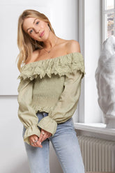 ADORA Smocking Blouse with Eyelet Lace Ruffle SAGE OutfitFlow