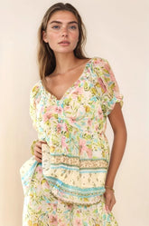 Davi & Dani Spring Floral Border Print Ruffled Textured Top MINT GREEN OutfitFlow