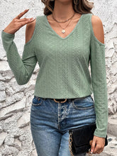 Full Size Eyelet V-Neck Cold Shoulder T-Shirt Sage OutfitFlow