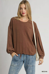 Umgee Linen Long Sleeve Top with Drawstring MOCHA OutfitFlow