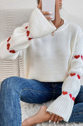 Heart Round Neck Long Sleeve Sweater White OutfitFlow