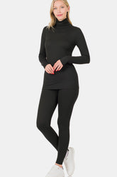 Zenana Full Size Turtleneck Top and Leggings Lounge Set Black OutfitFlow