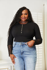 Double Take Crochet Lace Hem Sleeve Button Top Black OutfitFlow