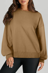High-Low Round Neck Long Sleeve Sweatshirt Camel OutfitFlow