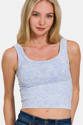 Zenana Washed Ribbed Scoop Neck Wide Strap Tank Spring Blue OutfitFlow