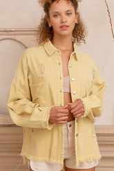 POL Button Down Raw Hem Distressed Jacket Lemonade OutfitFlow