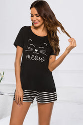 Graphic Round Neck Top and Striped Shorts Lounge Set Black OutfitFlow