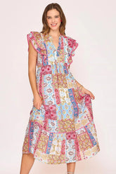 Umgee Full Size Tie Neck Double Layered Ruffle Sleeve Midi Dress Plus Size PINK MIX OutfitFlow